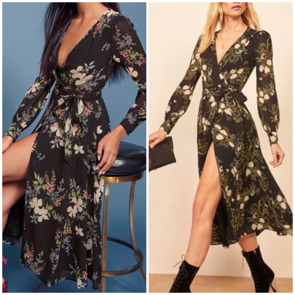 Reformation Susanna Anastasia Midi Wrap Dress Black Floral Size XL
